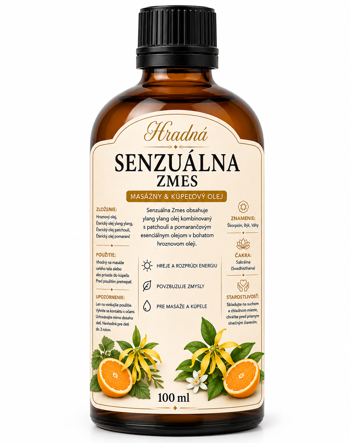 Senzuálna zmes – masážny a kúpeľový olej s ylang ylang, patchouli a pomarančom 100 ml | Hradná