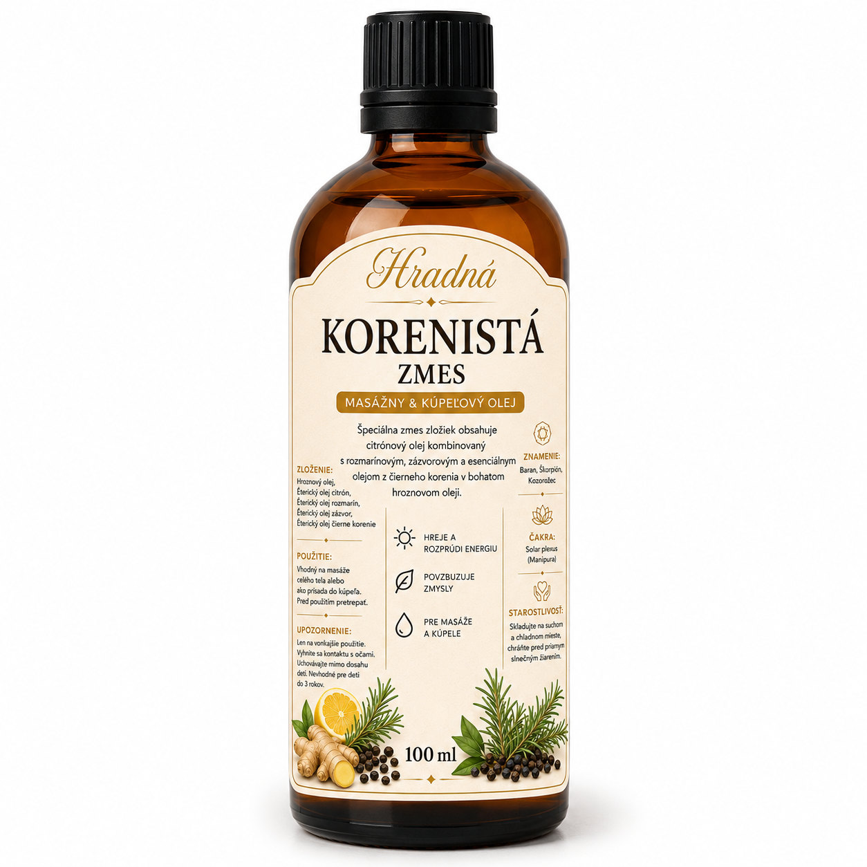 Korenistá zmes – masážny a kúpeľový olej s citrónom, zázvorom a čiernym korením 100 ml | Hradná