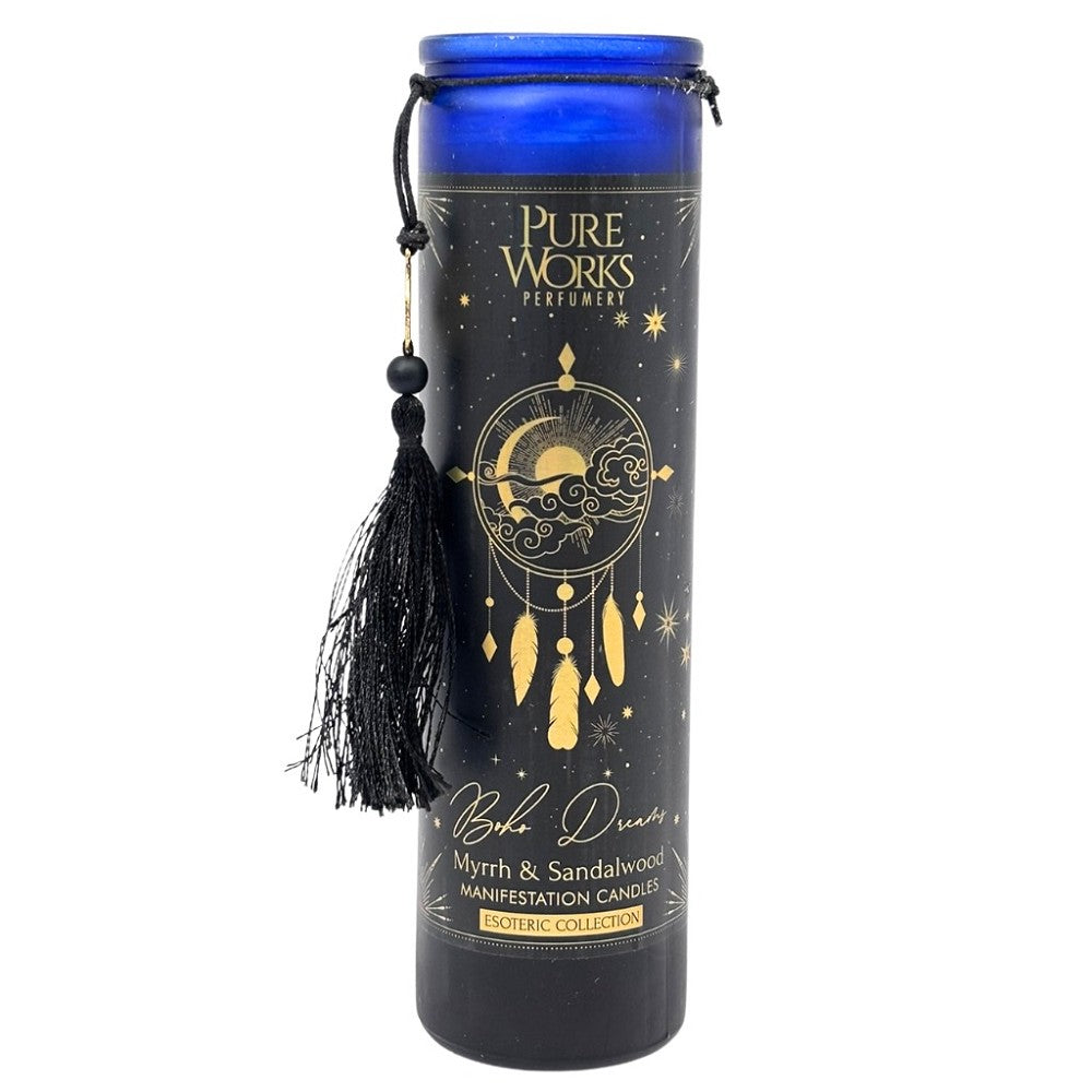 Organická svieca 300 gv farebnom vysokom pohári so strapcom, Myrrh&Sandalwood