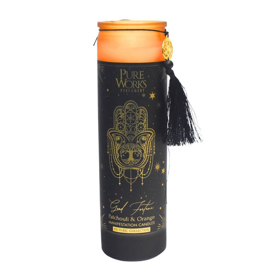 Organická svieca 300 gv farebnom vysokom pohári so strapcom, Patchouli&Orange