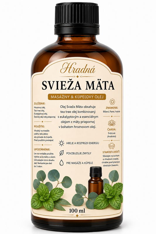 Svieža mäta – masážny a kúpeľový olej s mätou, eukalyptom a čajovníkom 100 ml | Hradná