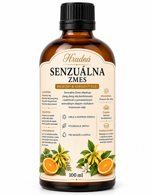 Senzuálna zmes – masážny a kúpeľový olej s ylang ylang, patchouli a pomarančom 100 ml | Hradná