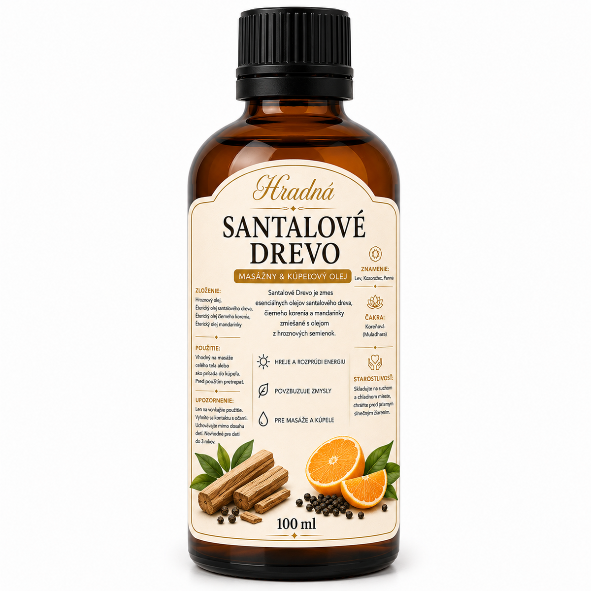 Santalové drevo – masážny a kúpeľový olej 100 ml | Hradná